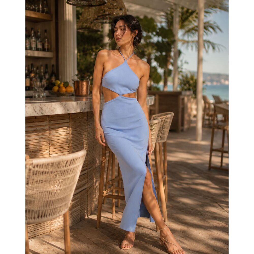 Bec + Bridge Cocktail Dress 10 Revolve Cutout Wedding Slit Sexy Club Blue Iris